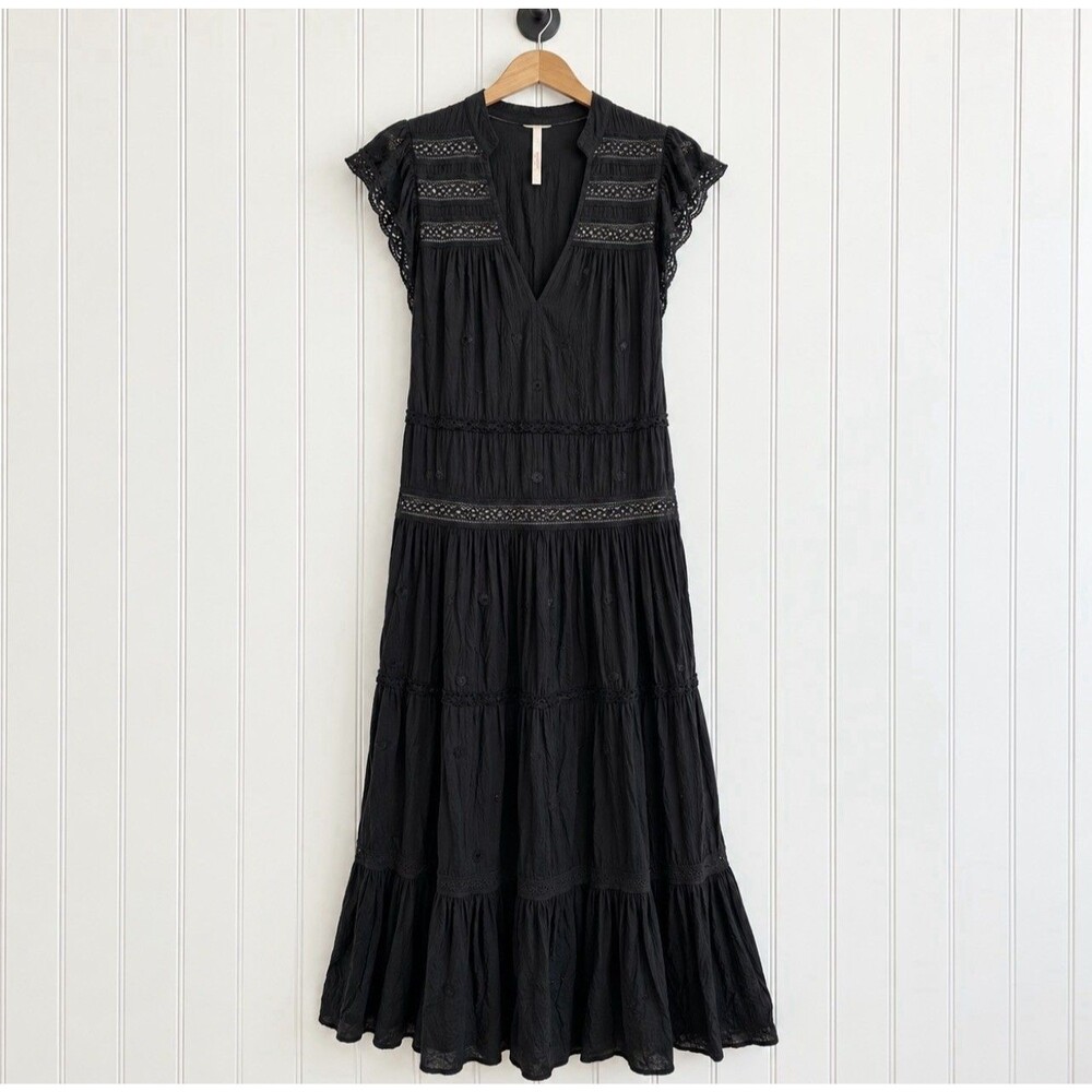 Free People Black Tiered Midi Dress S Embroidered Lace Flutter Sleeve Boho - Picture 2 of 6